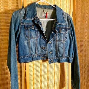 Distressed cropped denim jacket